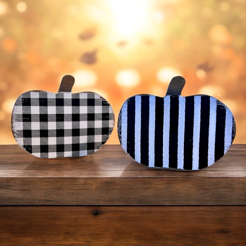 Black‎ and White Plaid and Striped Pumpkins Decorative Wood Pumpkins Set of Two